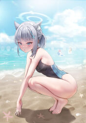 Rule 34 | 3girls, :o, absurdres, animal ear fluff, barefoot, beach, black one-piece swimsuit, blue archive, blue eyes, blue halo, blue sky, breasts, cloud, competition swimsuit, cross hair ornament, day, feet, grey hair, hair ornament, halo, highres, hoshino (blue archive), hoshino (swimsuit) (blue archive), medium breasts, multiple girls, nonomi (blue archive), nonomi (swimsuit) (blue archive), ocean, official alternate costume, one-piece swimsuit, outdoors, sand, shiroko (blue archive), shiroko (swimsuit) (blue archive), short hair, sky, squatting, summer, sun, sweat, swimsuit, toes, yuchae