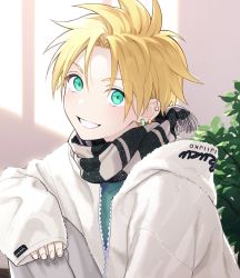 Rule 34 | 1boy, blonde hair, clothes writing, ear piercing, green eyes, highres, hood, hood down, hooded jacket, jacket, jewelry, long sleeves, looking at viewer, male focus, open clothes, open jacket, original, piercing, pillow (nutsfool), plant, scarf, solo, spiked hair, upper body, white jacket, window shadow