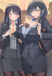 Rule 34 | 2girls, black hair, black jacket, black pantyhose, black skirt, blush, breasts, bubble tea challenge, collared shirt, commentary request, cowboy shot, drinking, green eyes, highres, jacket, large breasts, long hair, long sleeves, mole, mole under mouth, multiple boys, multiple girls, office lady, original, pantyhose, parted lips, shirt, shirt tucked in, shougun (chuckni1), skirt
