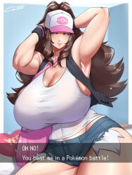 Rule 34 | 1girl, absurdres, alternate breast size, armpits, arms behind head, artist name, bag, baseball cap, big hair, black vest, blue eyes, breasts, brown hair, cleavage, closed mouth, collarbone, coolpsyco, cowboy shot, creatures (company), curvy, denim, denim shorts, english text, female focus, game freak, handbag, hat, highres, hilda (pokemon), huge breasts, long hair, looking at viewer, micro shorts, nintendo, pokemon, pokemon bw, short shorts, shorts, signature, sitting, smile, solo, tank top, thick thighs, thighs, torn clothes, torn shorts, vest, wide hips, wristband, yes-no pillow