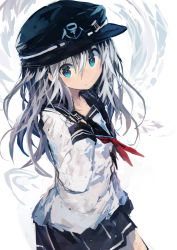 Rule 34 | 1girl, absurdres, blue eyes, commentary, commentary request, flat cap, hair between eyes, hand on own chest, hat, hibiki (kancolle), highres, kaamin (mariarose753), kantai collection, long hair, long sleeves, messy hair, neckerchief, partial commentary, pleated skirt, red neckerchief, school uniform, serafuku, silver hair, skirt, solo, thighhighs