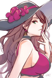 Rule 34 | 1girl, absurdres, artist name, bare shoulders, bikini, black choker, black hat, breasts, brown hair, chinese commentary, choker, commentary request, da-cart, dorothea arnault, earrings, fire emblem, fire emblem: three houses, fire emblem heroes, flower, from side, green eyes, hand up, hat, hat flower, highres, jewelry, large breasts, long hair, nail polish, nintendo, pink nails, profile, purple bikini, purple flower, sideboob, signature, simple background, solo, swimsuit, upper body, white background