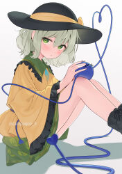 Rule 34 | 1girl, black hat, blush, closed mouth, commentary, expressionless, floral print, frilled shirt, frills, from side, green eyes, green skirt, grey hair, hair between eyes, hat, heart, heart of string, highres, kanpa (campagne 9), knees up, komeiji koishi, long sleeves, looking at viewer, looking to the side, print skirt, shadow, shirt, short hair, simple background, sitting, skirt, solo, third eye, touhou, twitter username, watermark, white background, wide sleeves, yellow shirt
