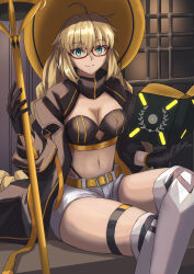 Rule 34 | 1girl, aesc (9th anniversary) (fate), aesc (fate), blonde hair, blue eyes, book, braid, breasts, cleavage, fate/grand order, fate (series), glasses, hat, highleg, highleg panties, highres, ksfactory, large breasts, long hair, long sleeves, looking at viewer, official alternate costume, panties, shorts, sitting, smile, solo, staff, thighhighs, twin braids, underwear, witch hat