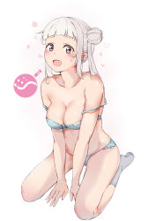 Rule 34 | 1girl, absurdres, arashi chisato, artist name, artist request, bare legs, bare shoulders, bikini, blue bikini, blush, breasts, collarbone, double bun, facial mark, female focus, front-tie bikini top, front-tie top, full body, hair bun, hair over shoulder, hair tie, heart, heart print, highres, long hair, looking at viewer, love live!, love live! superstar!!, medium breasts, parted lips, red eyes, sitting, smile, socks, solo, swimsuit, white background, white hair, white socks