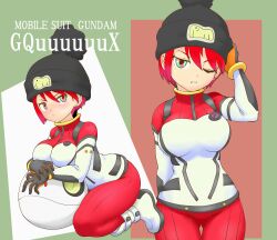 1girl amate_yuzuriha aqua_eyes beanie cowboy_shot gundam gundam_gquuuuuux hair_between_eyes haro hat mecha_pilot_suit multiple_views one_eye_closed red_hair short_hair solo wink