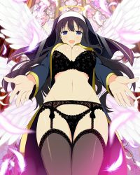 Rule 34 | 1girl, angel, angel wings, black hair, black jacket, blue eyes, bra, breasts, cameltoe, church, cleavage, extended arm, garter belt, garter straps, halo, highres, huge breasts, jacket, large breasts, legs, legs together, lingerie, long hair, looking at viewer, looking down, noon (pixiv42628630), open hand, open mouth, panties, revealing clothes, ryouki (senran kagura), senran kagura, smile, solo, thick thighs, thigh gap, thighhighs, thighs, underwear, veil, wings