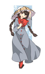 Rule 34 | 1girl, ajirogasa, black hair, braid, buttons, capelet, clothes writing, dress, full body, grey dress, hand on own head, hat, haya taro pochi, long hair, long sleeves, looking at viewer, open mouth, red capelet, red eyes, red legwear, sandals, smile, snow, solo, standing, touhou, twin braids, yatadera narumi