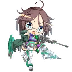 Rule 34 | 1girl, armored boots, black-framed eyewear, blue eyes, blue gemstone, boots, breasts, brown hair, candy, character request, chibi, coat, commentary request, crystal, food, full body, gem, glasses, green coat, gun, holding, holding gun, holding weapon, hop step jumpers, jewelry, lets0020, lollipop, looking at viewer, medium bangs, medium breasts, messy hair, open clothes, open coat, open mouth, pendant, purple shirt, purple thighhighs, rifle, semi-rimless eyewear, shirt, short hair, simple background, sleeveless, sleeveless shirt, smile, sniper rifle, solo, thighhighs, transparent background, under-rim eyewear, v-shaped eyebrows, weapon