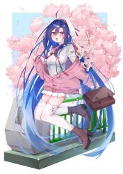 Rule 34 | 1girl, absurdly long hair, absurdres, bag, beret, blue hair, blush, boots, breasts, brown bag, brown footwear, cherry blossoms, commentary request, eme (emeralda), full body, hand up, hat, high heel boots, high heels, highres, jacket, jumping, long hair, long sleeves, looking at viewer, medium breasts, off shoulder, open mouth, original, pink eyes, pink jacket, pink sailor collar, sailor collar, school bag, school uniform, serafuku, shirt, skirt, sleeves past wrists, smile, solo, thighhighs, very long hair, white hat, white shirt, white skirt, white thighhighs