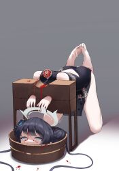 Rule 34 | 1girl, black dress, black hair, blood, blue archive, bucket, corpse, decapitation, dress, grey eyes, guro, halo, highres, kisaki (blue archive), kneeling, looking at viewer, pillory, severed head, sword, syouhi, weapon