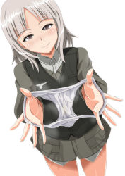 Rule 34 | 1girl, arobiro, blouse, blush, brave witches, brown eyes, collared shirt, edytha rossmann, grey shirt, half-closed eyes, highres, looking at viewer, military, military uniform, panties, parted bangs, shirt, simple background, smile, solo, underwear, uniform, white background, white hair, white panties, world witches series