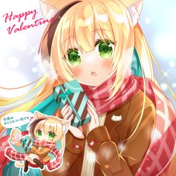 Rule 34 | 1girl, :d, animal ear fluff, animal ears, black footwear, blonde hair, blue hair, blush, boots, box, brown hair, brown jacket, brown shirt, cat ears, cat girl, cat tail, chibi, commentary request, fringe trim, gift, gift box, green eyes, hair between eyes, hands up, happy valentine, highres, holding, holding gift, jacket, long sleeves, multicolored hair, multiple views, open mouth, original, outline, pleated skirt, red scarf, red skirt, ribbed shirt, scarf, shikito (yawa0w0), shirt, skirt, sleeves past wrists, smile, streaked hair, tail, translation request, two-tone hair, white outline