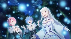 Rule 34 | 3girls, absurdres, bare shoulders, black sleeves, blue eyes, blue hair, blue pupils, blunt bangs, blush, braid, breasts, cleavage, crown braid, detached sleeves, dress, elf, emilia (re:zero), fireflies, flower, forest, french braid, frilled dress, frilled sleeves, frills, gem, green gemstone, hair between eyes, hair flower, hair ornament, hair over one eye, hair ribbon, highres, large breasts, long hair, long sleeves, low-tied long hair, maid, maid headdress, medium breasts, multiple girls, nature, night, night sky, official art, open mouth, pink eyes, pink hair, pink ribbon, pleated skirt, pointy ears, purple eyes, purple ribbon, ram (re:zero), re:zero kara hajimeru isekai seikatsu, rem (re:zero), ribbon, ribbon-trimmed clothes, ribbon trim, roswaal mansion maid uniform, short hair, siblings, sisters, skirt, sky, smile, star (sky), twins, white dress, white flower, white hair, white sleeves, x hair ornament