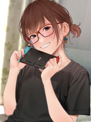 Rule 34 | 1girl, absurdres, bad id, bad pixiv id, blurry, blurry background, blush, brown hair, curtains, earrings, film grain, fingernails, glasses, grin, head tilt, highres, indoors, jewelry, looking at viewer, mole, mole under eye, multicolored nails, nail polish, nintendo switch, original, saitou (lynx-shrike), shirt, short ponytail, smile, solo, t-shirt, window