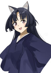 Rule 34 | 1girl, :d, animal ears, arknights, bad id, bad pixiv id, black hair, black kimono, blush, brown eyes, dog ears, dog girl, enunomiya, facial mark, fang, forehead mark, highres, japanese clothes, kimono, long hair, looking at viewer, open mouth, saga (arknights), simple background, smile, solo, upper body, white background