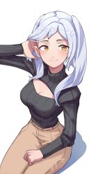 Rule 34 | 1girl, absurdres, arm behind head, arm up, black sweater, breasts, brown pants, cleavage, cleavage cutout, closed mouth, clothing cutout, commentary, copyright request, english commentary, from above, grey hair, grimmelsdathird, highres, long hair, long sleeves, looking to the side, medium breasts, pants, ribbed sweater, shadow, simple background, sitting, smile, solo, sweater, turtleneck, turtleneck sweater, twintails, white background, yellow eyes