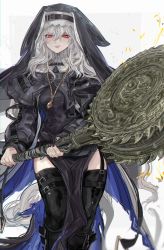 Rule 34 | 1girl, arknights, belt boots, black capelet, black footwear, black headwear, black thighhighs, bloodborne, boots, breasts, capelet, circular saw, feet out of frame, garter straps, habit, hair between eyes, highres, holding, holding weapon, jewelry, long hair, looking at viewer, medium breasts, necklace, nslacka, nun, off shoulder, open clothes, parted lips, pelvic curtain, red eyes, red lips, saw, silver hair, smile, solo, specter (arknights), sweater, thighhighs, turtleneck, turtleneck sweater, weapon, white background, zettai ryouiki