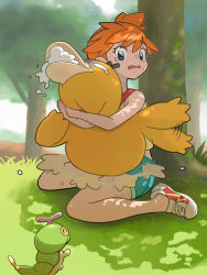 Rule 34 | 1girl, absurdres, asphyxiation, bandaid, bandaid on face, blue eyes, caterpie, commentary request, creatures (company), day, eko000ohce, eyelashes, game freak, gen 1 pokemon, grass, highres, holding, holding pokemon, misty (pokemon), nintendo, open mouth, orange hair, outdoors, pokemon, pokemon (anime), pokemon (classic anime), pokemon (creature), psyduck, scared, shadow, shirt, shoes, short hair, short shorts, shorts, sitting, sleeveless, sleeveless shirt, sneakers, suspenders, sweat, tree, yellow shirt