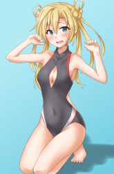 Rule 34 | 1girl, abukuma (kancolle), anti (untea9), barefoot, black one-piece swimsuit, blonde hair, blue background, blush, breasts, cleavage cutout, clothing cutout, competition swimsuit, double bun, gradient background, green eyes, hair between eyes, hair bun, hair rings, highres, kantai collection, kneeling, long hair, looking at viewer, one-piece swimsuit, open mouth, shadow, small breasts, solo, sweatdrop, swimsuit, turtleneck