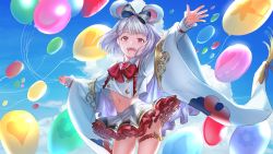 Rule 34 | 1girl, :d, animal ears, balloon, blue sky, blunt bangs, blush, boba, bow, brooch, cloud, day, frilled skirt, frills, granblue fantasy, hair bow, heart, heart brooch, highres, holding, holding balloon, jewelry, looking at viewer, midriff, mouse ears, navel, open mouth, red eyes, short hair, skirt, sky, smile, solo, teeth, upper teeth only, vikala (granblue fantasy), white hair, wide sleeves