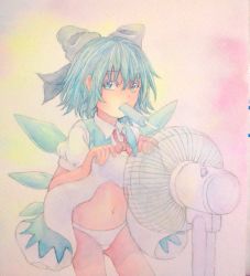 Rule 34 | 1girl, blue eyes, blue hair, bow, cirno, clothes lift, dress, dress lift, electric fan, fanning crotch, food, hair bow, highres, ice, ice wings, looking at viewer, matching hair/eyes, mouth hold, navel, painting (medium), panties, pink background, popsicle, puffy short sleeves, puffy sleeves, short hair, short sleeves, solo, touhou, traditional media, underwear, watercolor (medium), white panties, wings, yuyu (00365676)
