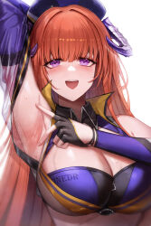Rule 34 | absurdres, arknights, armpits, bagpipe (arknights), bagpipe (queen no. 1) (arknights), breasts, highres, horns, large breasts, looking at viewer, official alternate costume, onedr, orange hair, presenting armpit, purple eyes, race queen, smelly armpits, smile, sweat, teeth, upper body, upper teeth only