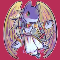 Rule 34 | anubimon, claws, digimon, digimon (creature), long hair, red background, simple background, solo, wings
