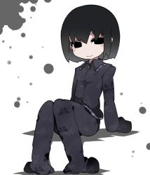 Rule 34 | 1girl, alternate costume, animal print, black eyes, black hair, blush stickers, butterfly print, buttons, closed mouth, full body, hammer (sunset beach), hands in opposite sleeves, knees together feet apart, long sleeves, looking at viewer, looking to the side, monogatari (series), oshino ougi, pajamas, short hair, simple background, sitting, sleeves past wrists, smile, solo, white background, wing collar