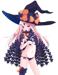 Rule 34 | 1girl, abigail williams (fate), abigail williams (second ascension) (fate), bee (artist), black bow, black hat, black panties, blonde hair, blue thighhighs, bow, commentary request, fate/grand order, fate (series), groin, hat, hat bow, highres, keyhole, long hair, looking at viewer, mouth hold, navel, orange bow, panties, parted bangs, polka dot, polka dot bow, red eyes, revealing clothes, simple background, single thighhigh, skull print, solo, stuffed animal, stuffed toy, teddy bear, thighhighs, topless, underwear, very long hair, white background, witch hat