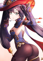 Rule 34 | 1girl, absurdres, ass, blush, breasts, cape, detached sleeves, elbow gloves, from behind, genshin impact, gloves, green eyes, hair ornament, hat, highres, karadborg, leotard, long hair, looking at viewer, mona (genshin impact), pantyhose, purple hair, shiny clothes, sideboob, solo, thighlet, twintails, very long hair