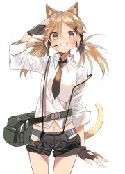 Rule 34 | 1girl, :3, animal ear fluff, animal ears, bag, black necktie, black shorts, blonde hair, blue eyes, blue panties, blush, brown gloves, cat ears, cat tail, clenched teeth, collared shirt, commentary request, cowboy shot, dress shirt, fingerless gloves, girls&#039; frontline, gloves, hair between eyes, hair ornament, hairclip, highres, hip vent, idw (girls&#039; frontline), karasu btk, long hair, long sleeves, looking at viewer, loose necktie, midriff, navel, necktie, panties, salute, shirt, shorts, shoulder bag, smile, solo, standing, suspenders, sweat, sweatdrop, swept bangs, tail, teeth, twintails, underwear, white shirt, wing collar