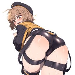 Rule 34 | 1girl, ahoge, anis (nikke), ass, beret, blonde hair, blush, embarrassed, goddess of victory: nikke, hat, highres, intensify 0, jacket, open mouth, panties, pleated skirt, sewer, short hair, skirt, solo, thigh strap, thighhighs, thighs, underground, underwear, white hair, white skirt, yellow eyes, yellow jacket
