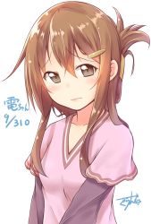 Rule 34 | 10s, 1girl, alternate costume, brown eyes, brown hair, casual, dated, folded ponytail, gurande (g-size), hair ornament, hairclip, highres, inazuma (kancolle), kantai collection, signature, solo, translation request