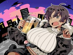 Rule 34 | 1girl, absurdres, beer mug, black footwear, black jacket, black nails, black skirt, bon (vtuber), breasts, brown hair, building, cup, earrings, fanny pack, food, froth, fur-trimmed jacket, fur trim, grey eyes, highres, holding, holding cup, holding food, indie virtual youtuber, jacket, jewelry, large breasts, mug, multicolored hair, one eye closed, open clothes, open jacket, open mouth, outline, pink hair, ribbed shirt, second-party source, shirt, short hair, skirt, sky, skyscraper, solo, sparkle, spiked footwear, streaked hair, sweater, takoyaki, turtleneck, turtleneck sweater, virtual youtuber, watasi ch3, white outline, white shirt