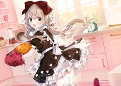 Rule 34 | 1girl, :o, absurdres, apple, apron, back bow, black dress, blender (object), blush, bow, commentary request, day, dress, emia (castilla), food, frilled dress, frills, from behind, fruit, green eyes, hair bow, highres, holding, holding tray, indoors, kitchen, light brown hair, long hair, looking at viewer, looking back, maid, microwave, mittens, mixer (cooking), original, oven mitts, pie, puffy short sleeves, puffy sleeves, red bow, red mittens, short sleeves, solo, sweatdrop, timer, tray, twintails, walking, white apron, white bow, window