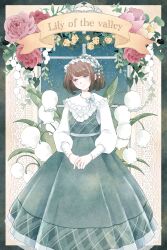 Rule 34 | 1girl, banner, bob cut, border, brown hair, closed mouth, cocoroppy, commentary request, dress, english text, feet out of frame, flower, frilled dress, frilled hairband, frills, grey dress, grey eyes, grey hairband, hairband, head tilt, highres, leaf, lily of the valley, lolita hairband, long sleeves, looking at viewer, original, outside border, own hands together, pink flower, pink rose, puffy long sleeves, puffy sleeves, rose, short hair, sleeve cuffs, smile, solo, standing, swept bangs, white flower, white sleeves, window, yellow flower