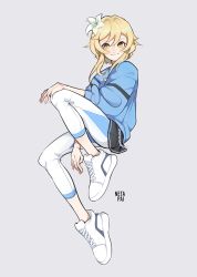 Rule 34 | 1girl, absurdres, alternate costume, blonde hair, blue jacket, chain, cross-laced footwear, flower, full body, genshin impact, grey background, hair flower, hair ornament, highres, jacket, lily (flower), long sleeves, looking at viewer, lumine (genshin impact), netapai1, pants, puffy long sleeves, puffy sleeves, short hair with long locks, simple background, sitting, smile, tight clothes, tight pants, white flower, white footwear, white pants, yellow eyes