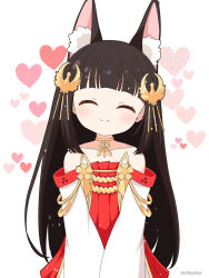 Rule 34 | 1girl, animal ear fluff, animal ears, azur lane, bare shoulders, black hair, blush, closed eyes, closed mouth, collarbone, commentary request, diagonal stripes, dress, facing viewer, hair ornament, heart, heart background, highres, long hair, long sleeves, mitya, nagato (azur lane), polka dot, red dress, simple background, smile, solo, strapless, strapless dress, striped, twitter username, very long hair, white background