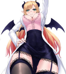 Rule 34 | 1girl, black horns, black panties, black skirt, black thighhighs, black wings, blonde hair, blush, breasts, cameltoe, center frills, chinese commentary, cleavage, closed mouth, commentary request, cowboy shot, demon girl, demon horns, demon wings, floral print, frilled shirt, frills, garter straps, hand on own hip, highres, hololive, horns, lab coat, lace, lace-trimmed legwear, lace-trimmed skirt, lace trim, large breasts, long hair, looking at viewer, panties, pink shirt, pointy ears, red eyes, shirt, simple background, skirt, smile, solo, thighhighs, thighs, underwear, virtual youtuber, white background, wings, yeklsa, yuzuki choco, yuzuki choco (1st costume)