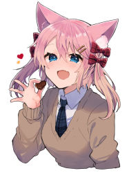 Rule 34 | 1girl, :d, animal ear fluff, animal ears, blue eyes, blue necktie, bow, brown sweater, cat ears, chocolate, collared shirt, cropped torso, food, hair between eyes, hair bow, hair ornament, hairclip, hand up, heart, highres, holding, holding chocolate, holding food, ikeuchi tanuma, long hair, looking at viewer, necktie, open mouth, original, pink hair, red bow, shirt, simple background, smile, solo, sweater, upper body, white background, white shirt, wing collar