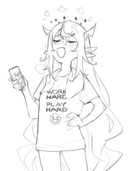 Rule 34 | 1girl, blush, can, dasdokter, hololive, hololive english, horns, irys (hololive), long hair, monochrome, open mouth, pointy ears, shirt, solo, towel, very long hair, virtual youtuber