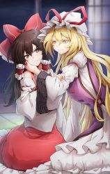 Rule 34 | 2girls, absurdres, bare shoulders, blonde hair, bow, breasts, brown eyes, brown hair, collar, darjeeling (reley), detached sleeves, dress, eyelashes, frilled bow, frilled dress, frills, hair bow, hair tubes, hakurei reimu, hand on another&#039;s arm, hand on another&#039;s face, hat, hat ribbon, highres, japanese clothes, juliet sleeves, long hair, long sleeves, medium breasts, miko, mob cap, multiple girls, nontraditional miko, puffy sleeves, red bow, red dress, ribbon, ribbon-trimmed sleeves, ribbon trim, seiza, sidelocks, sitting, sleeveless, smile, tabard, touhou, very long hair, white collar, white dress, wide sleeves, yakumo yukari, yellow eyes, yuri