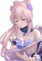Rule 34 | 1girl, bare shoulders, blue eyes, blunt bangs, book, bow, bowtie, breasts, cleavage, genshin impact, hair ornament, half-closed eyes, highres, holding, holding book, long sleeves, notebook, open mouth, pink hair, pony (shihyo-6591), sangonomiya kokomi, writing