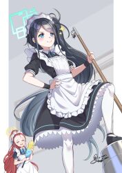 Rule 34 | 2girls, aris (blue archive), as4gi, black hair, blue archive, blue eyes, closed eyes, highres, looking at viewer, maid, multiple girls, open mouth, red hair, short sleeves, smile