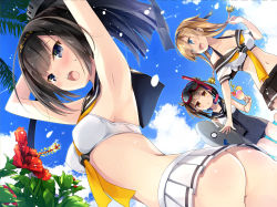 Rule 34 | 10s, 3girls, :&lt;, :d, :o, adapted costume, akizuki (kancolle), armpits, arms up, ass, bare shoulders, barefoot, between breasts, bikini, bikini top only, black one-piece swimsuit, black skirt, blonde hair, blue eyes, blue sky, blunt bangs, braid, breasts, cleavage, clothes writing, cloud, collarbone, cup, day, diving mask, diving mask on head, drinking glass, drinking straw, dutch angle, flower, goggles, goggles on head, hair ornament, hairband, hatsuzuki (kancolle), heart, hibiscus, holding, holding cup, holding drinking glass, inflatable toy, jitome, kantai collection, leg up, long hair, looking back, medium breasts, miniskirt, multiple girls, natsume eri, navel, neckerchief, no panties, off-shoulder shirt, off shoulder, one-piece swimsuit, open mouth, outdoors, outstretched arm, palm tree, parted lips, plant, pleated skirt, ponytail, propeller hair ornament, sailor collar, shirt, skirt, sky, small breasts, smile, snorkel, stomach, summer, swimsuit, teruzuki (kancolle), tree, triangle mouth, twin braids, upskirt, walking, water drop, white bikini, white shirt, yellow eyes