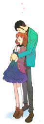 Rule 34 | 1970s (style), 1boy, 1girl, arsene lupin iii, bad id, bad pixiv id, black hair, blush, brown hair, castle of cagliostro, clarisse de cagliostro, closed eyes, couple, green jacket, happy, hetero, holding hands, hug, hug from behind, jacket, long image, lupin iii, necktie, oldschool, retro artstyle, short hair, sideburns, smile, tall image, tms entertainment, toujou sakana, yellow necktie