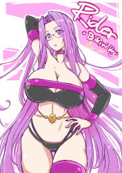 Rule 34 | 1girl, arm behind head, bikini, bikini day, breasts, choker, cigar cat, cleavage, elbow gloves, fate/grand order, fate/stay night, fate (series), glasses, gloves, hair intakes, highres, large breasts, long hair, medusa (fate), medusa (rider) (fate), multi-strapped bikini, purple eyes, purple hair, square pupils, swimsuit, thigh strap, thighs, very long hair, white background