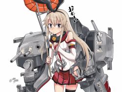 Rule 34 | 1girl, anchor hair ornament, animal ears, black eyes, blonde hair, rabbit ears, cannon, cosplay, cowboy shot, detached sleeves, hair ornament, hairband, highres, inoue kousei, kantai collection, looking at viewer, machinery, miniskirt, pleated skirt, red skirt, red umbrella, shimakaze (kancolle), simple background, single thighhigh, skirt, solo, thighhighs, turret, umbrella, white background, yamato (kancolle) (cosplay), yamato (kancolle)