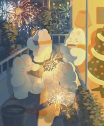Rule 34 | animal ears, fireworks, glowing, highres, holding, holding fireworks, light, night, no humans, ohmintcoco, outdoors, rabbit, rabbit ears, rabbit tail, tail